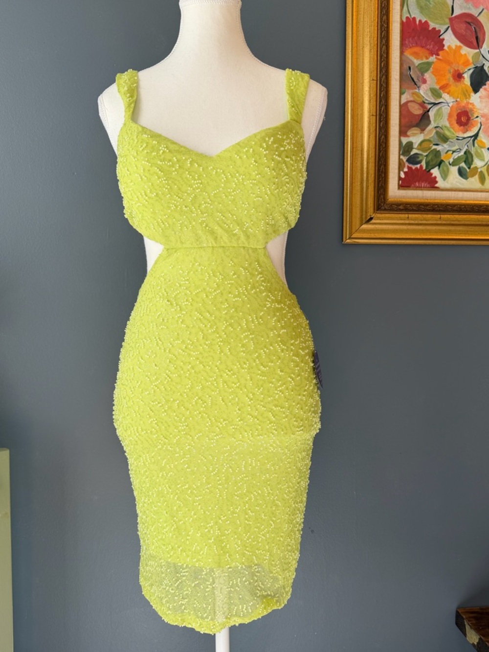 Lime Beaded Cutout Bodycon Dress